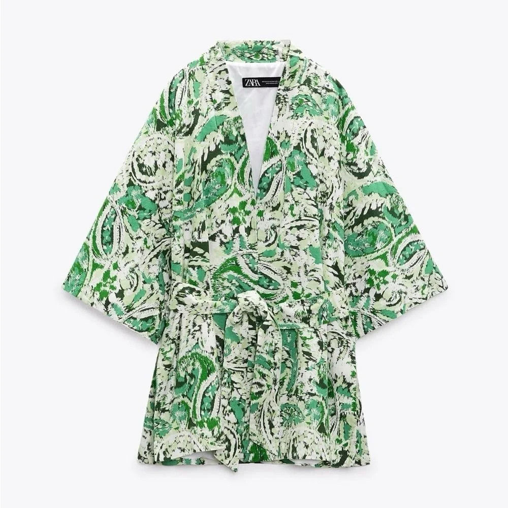 ZARA Linen Blend Printed Kimono Printed ✨ White + Green Size M/L - Picture 11 of 15